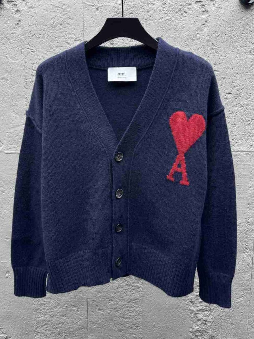 AMI Paris Navy Cardigan Red Heart A Logo V‑Neck Knit Sweater